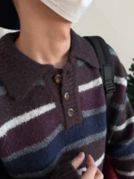 Свитер "19 Studio Vintage Striped Lapel Sweater" — изображение 2